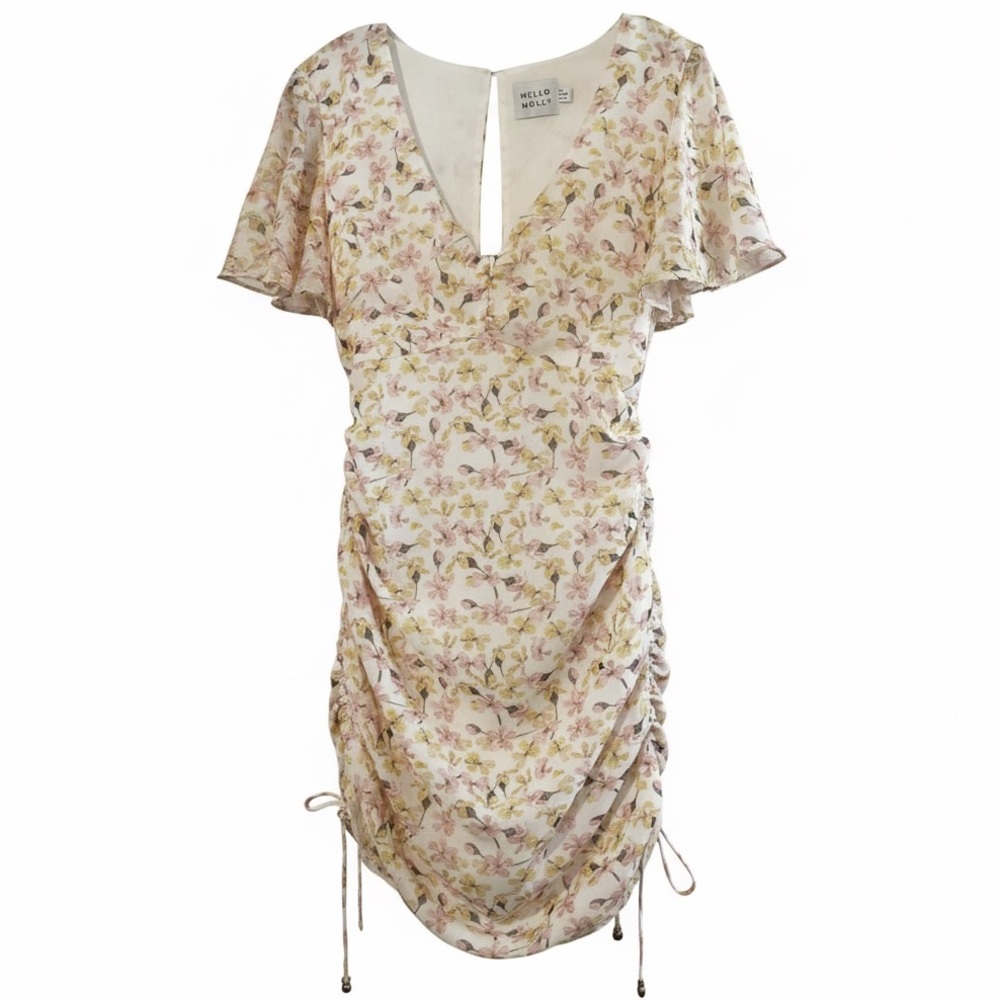 Hello Molly floral print mini dress with ruched sides flutter sleeves.